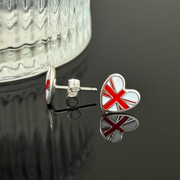 England Heart Earrings S925 Sterling Silver Handmade Ear Stud - Picture 2 of 5